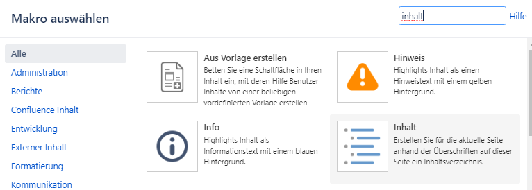 Inhaltsverzeichnis über das Inhalt-Makro auf einer Confluence-Seite