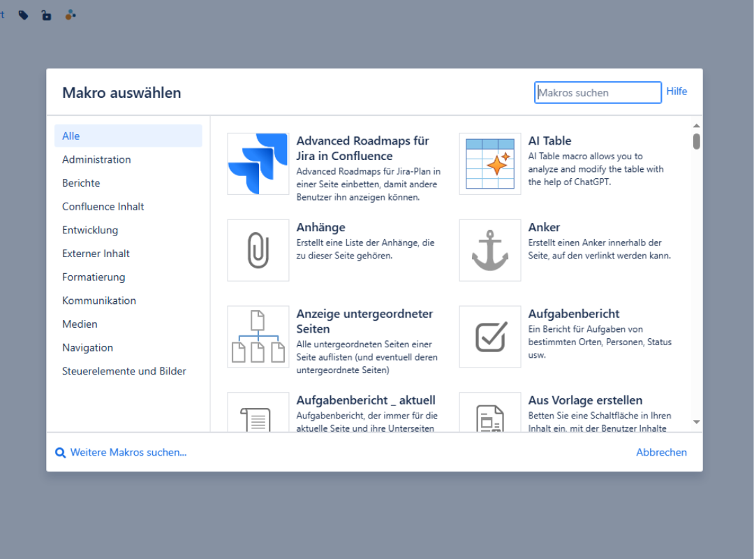 Makro-Auswahl in Confluence Data Center