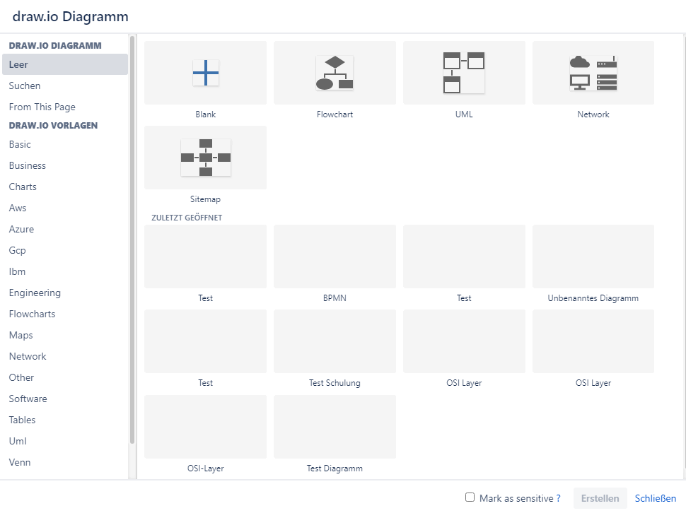 Draw.io Diagramm Macro in Confluence mit Zeichenfläche und Formenbibliothek