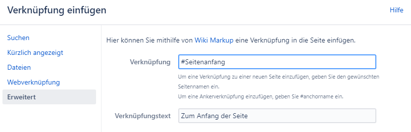 Link auf eine Überschrift in Confluence über die erweiterten Link-Optionen