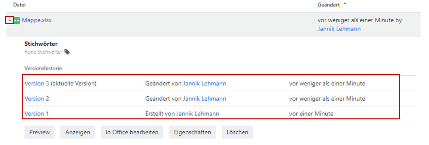 Dateianhänge und Versionshistorie auf einer Confluence-Seite