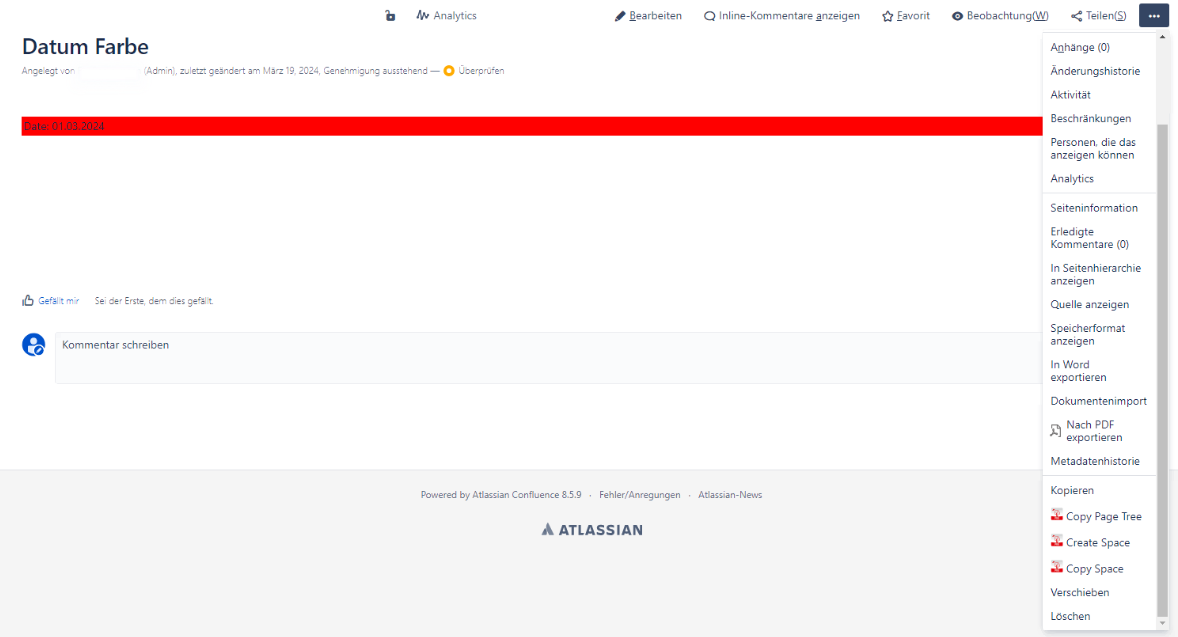 Seitenmenü in Confluence über die drei Punkte rechts oben öffnen
