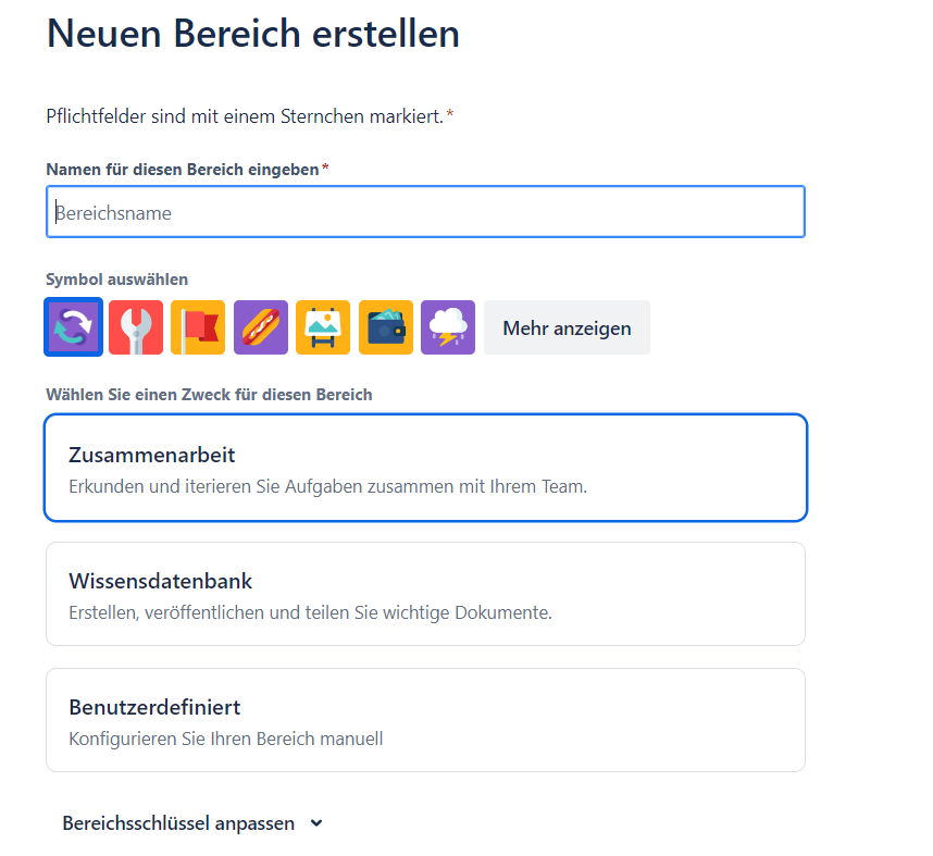 Dialog zum Erstellen eines neuen Confluence-Bereichs