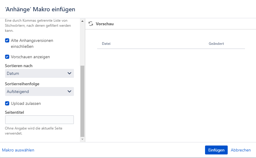 Einstellungen des Anhänge Macros mit aktivierter Option „Upload zulassen“