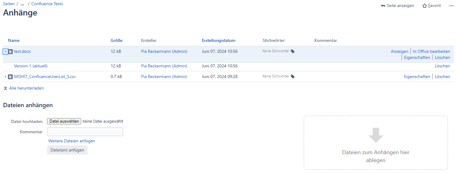 Option „in Office bearbeiten“ bei einem Anhang in Confluence