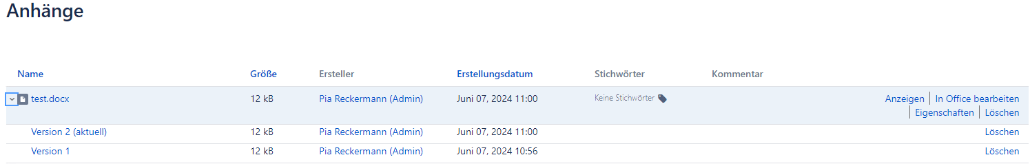 Versionsübersicht eines Anhangs im Confluence Anhänge Macro