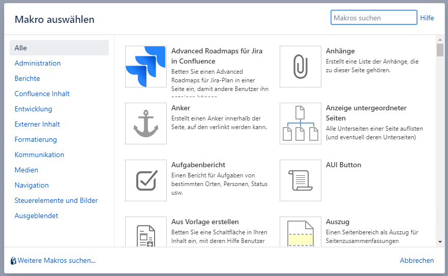 Macro Browser in Confluence mit der Suche nach dem Anhänge Macro