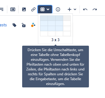 Auswahl der Zeilen- und Spaltenanzahl beim Einfügen einer Confluence Tabelle