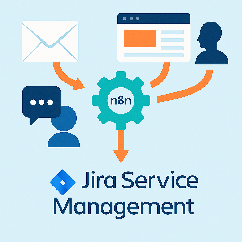 Schema: n8n bündelt E-Mails und Formulare zu standardisierten Tickets in Jira Service Management