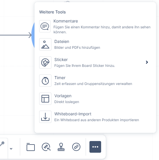 Menü „Weitere Tools“ eines Confluence Whiteboards mit Kommentaren, Dateien, Stickern, Timer, Vorlagen und Whiteboard-Import