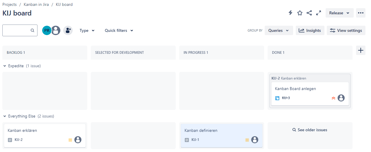 Kanban-Board in Jira mit den Spalten Backlog, Selected for Development, In Progress und Done