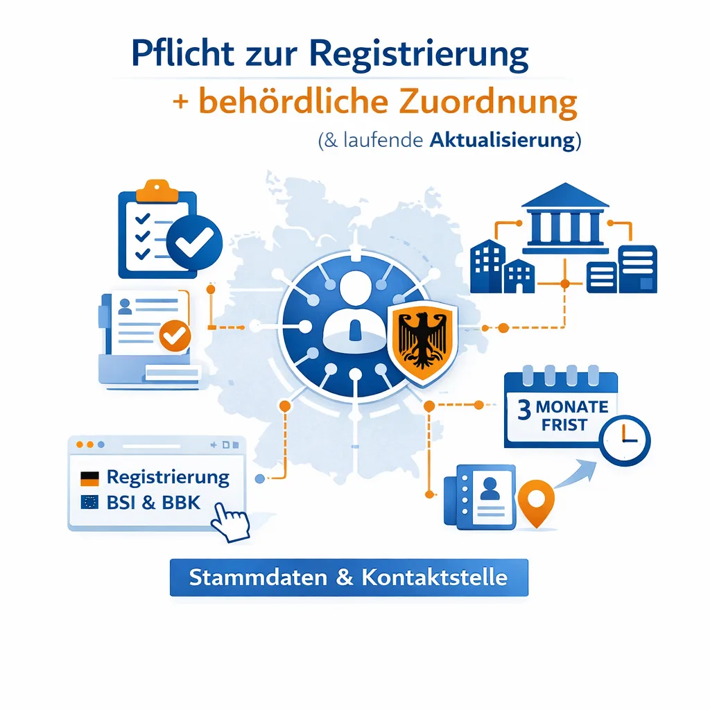 Infografik Registrierungspflicht nach KRITIS-Dachgesetz: Registrierung bei BSI und BBK innerhalb von drei Monaten, Stammdaten und Kontaktstelle