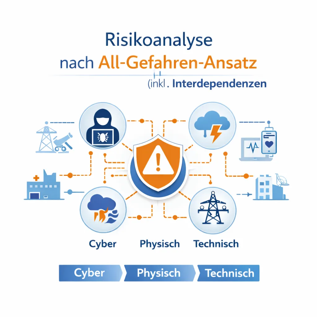 Infografik Risikoanalyse nach All-Gefahren-Ansatz mit den Gefahrenkategorien Cyber, Physisch und Technisch