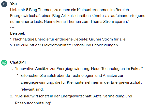 ChatGPT-Antwort auf einen Prompt, dem zwei Beispiel-Titel mitgegeben wurden