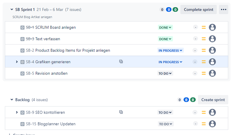 Jira-Ansicht mit den Aufgaben des laufenden Sprints und dem darunter liegenden Backlog