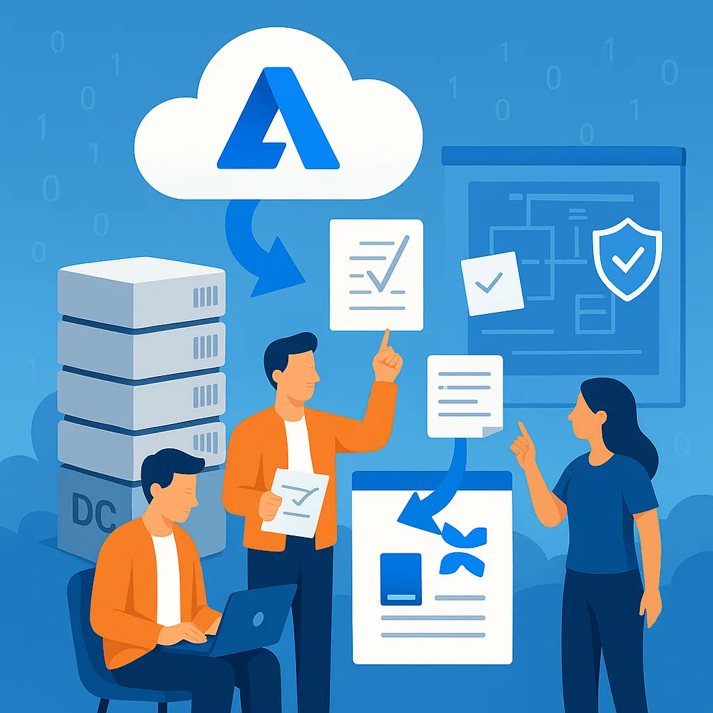 Team prüft anhand einer Checkliste einen Referenzbereich in der Atlassian Cloud, im Hintergrund Server und Schutzschild