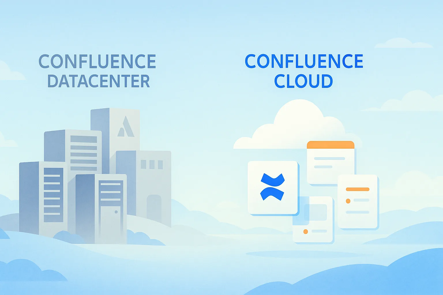 Gegenüberstellung Confluence Data Center und Confluence Cloud als flache Illustration mit Rechenzentrum und Cloud