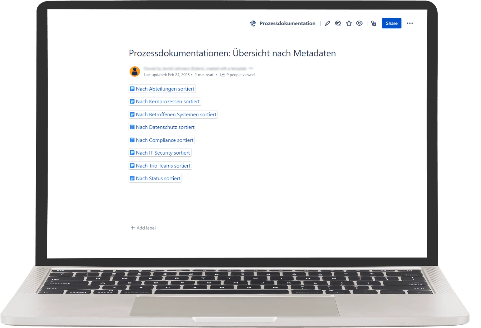 Confluence-Übersichtsseite Prozessdokumentationen, sortierbar nach Abteilung, Kernprozess, System, Datenschutz und Status