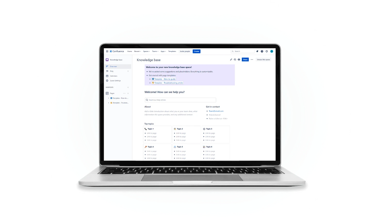 Laptop mit Confluence-Wissensdatenbank: Startseite mit Themenbereichen und Schnellzugriffen