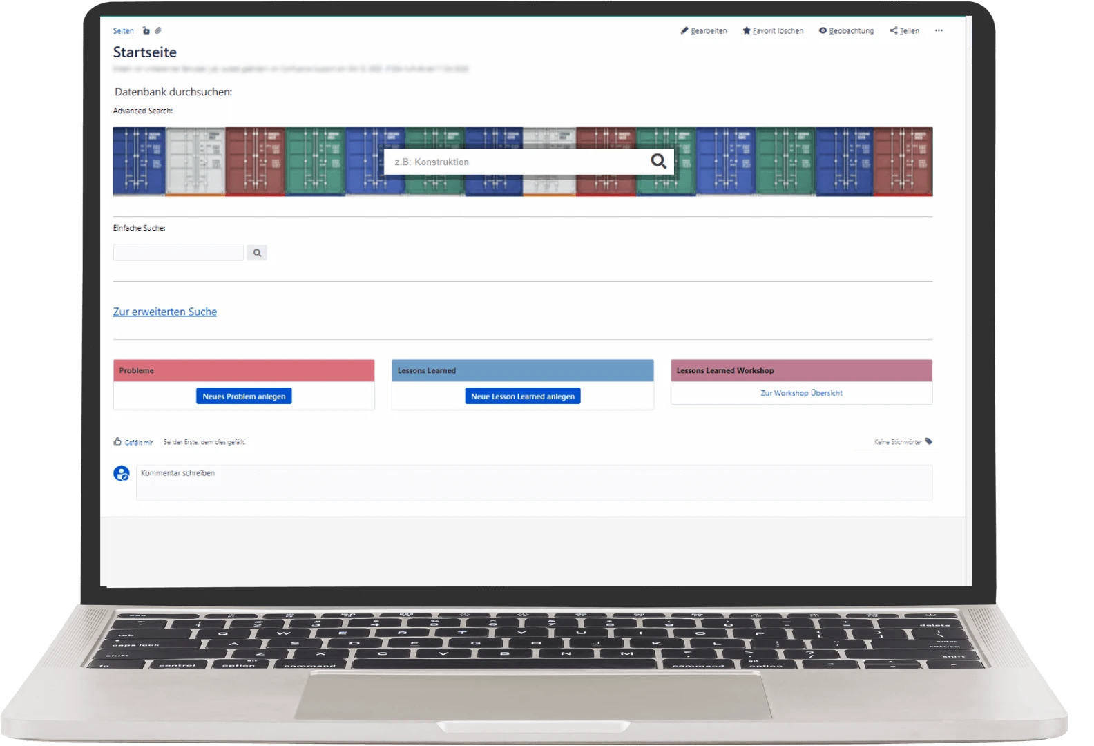 Startseite der Lessons-Learned-Datenbank in Confluence: Suche und klar getrennte Bereiche für Probleme, Lessons Learned und Workshops