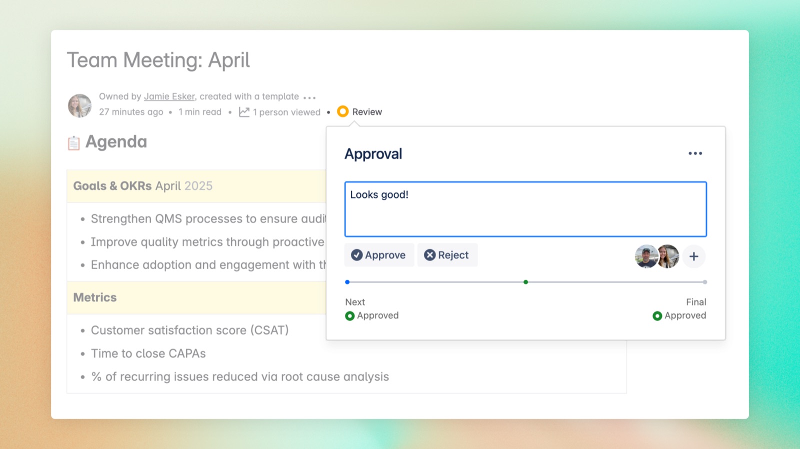 Comala Document Control: Approval-Fenster mit Freigabe-Fortschritt direkt auf einer Confluence-Seite