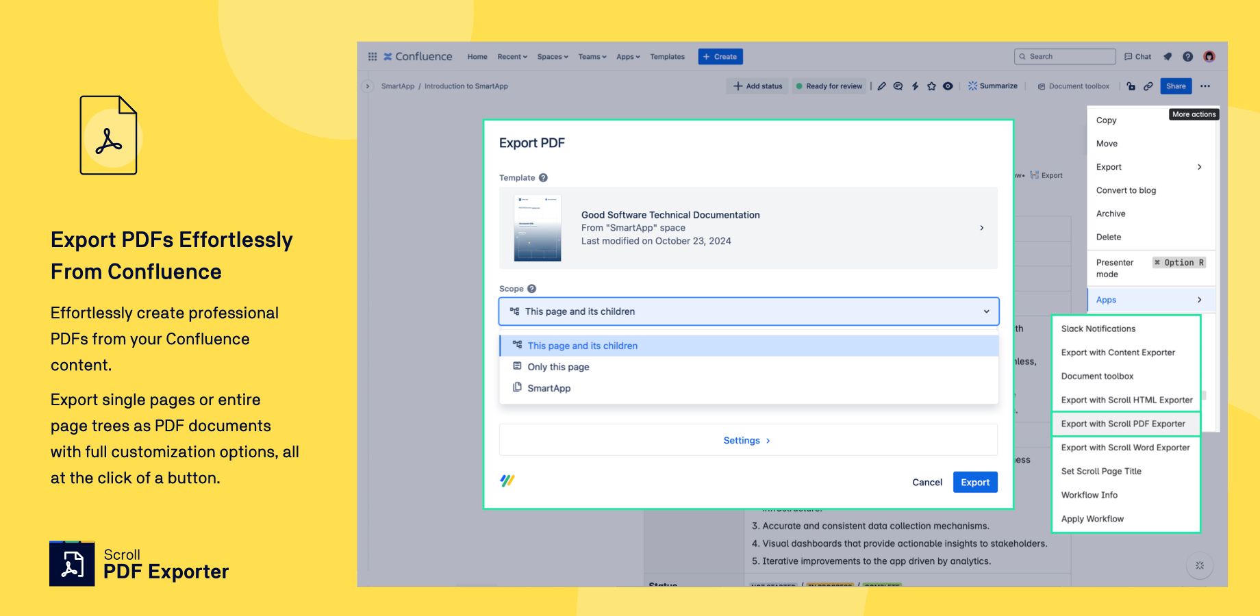 Scroll PDF Exporter: Export-Dialog mit Vorlagenauswahl und Umfang direkt in Confluence