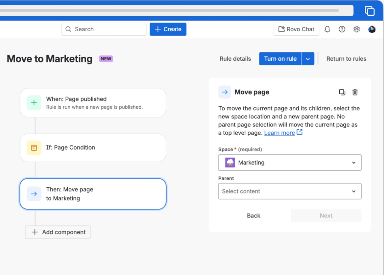 Automatisierungsregel in Confluence Cloud: Wenn Seite veröffentlicht, dann Seite in den Bereich Marketing verschieben