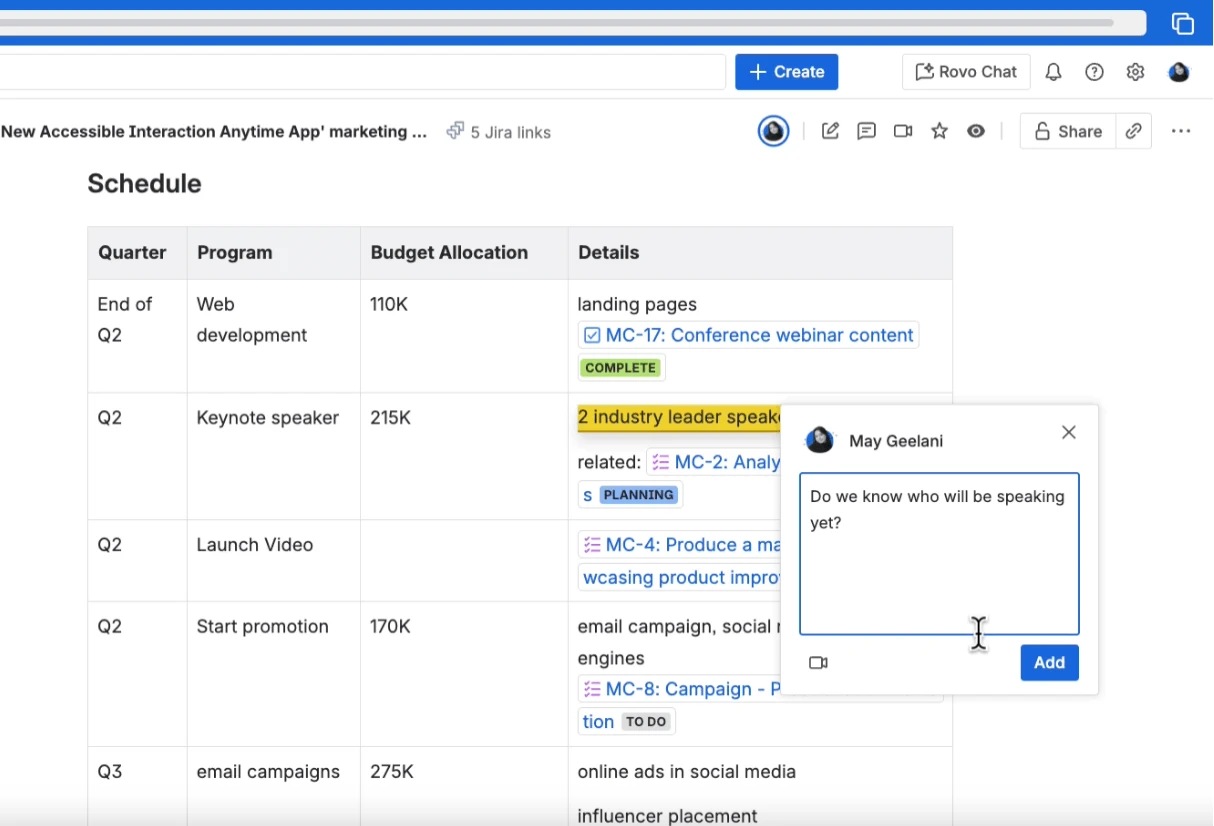 Confluence-Seite mit Projektplan-Tabelle, verknüpften Jira-Vorgängen und einem Inline-Kommentar